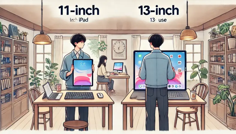 日本人が11インチのiPadを片手で持って立っている一方、13インチのiPadはキーボードと共に机上で使用されている様子を描いたイラスト。ポータビリティと作業性の違いが視覚的に表現されている。