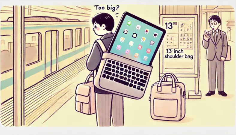 通勤中の日本人が、キーボード付きの13インチiPadをスリムなショルダーバッグに無理やり入れようとして苦戦している様子のイラスト。iPadがバッグから少しはみ出し、大きすぎるかもという不安を表現した構図。