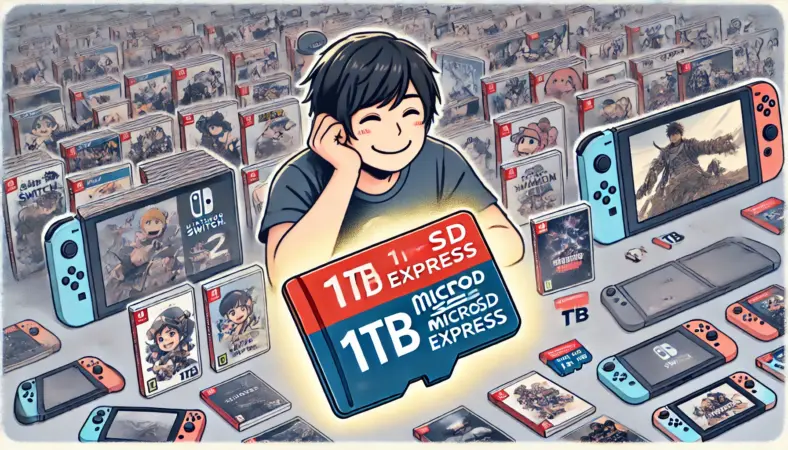 多くのゲームや動画・スクリーンショットに囲まれた日本人のNintendo Switch 2ユーザーが、1TBのmicroSD Expressカードを使用し、削除不要で快適に遊んでいる様子を描いたイラスト。