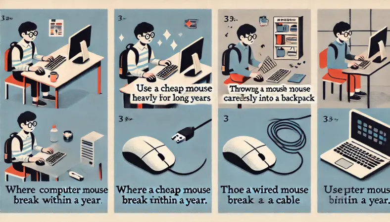 マウスが1年で壊れる原因を示す3シーンのイラスト：長時間の過酷使用、カバンに無造作に収納、ケーブルを強く折り曲げた状態での使用