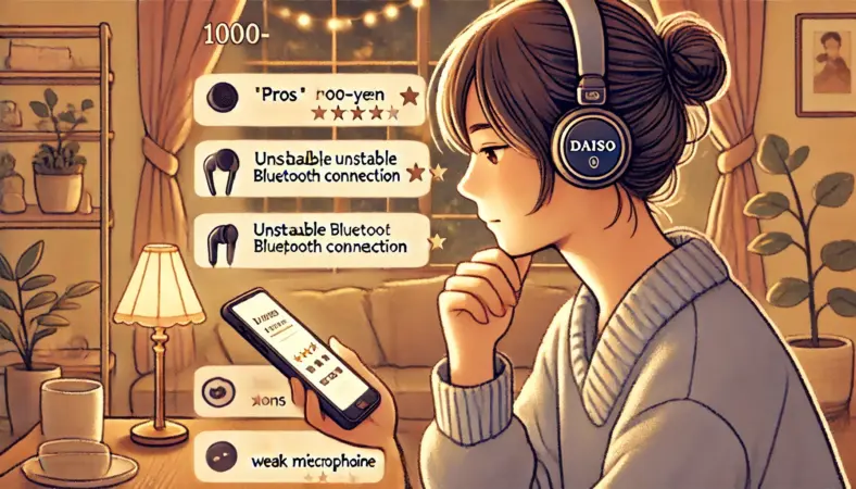 自宅でスマートフォンの口コミ評価を読みながら、1000円のダイソーBluetoothヘッドホンの購入を検討している日本人の姿を描いたイラスト。メリット・デメリットを天秤にかけるような構成。