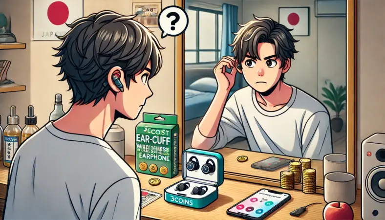 自宅で3COINS風の低価格イヤーカフイヤホンを試着し、鏡の前でフィット感を確かめる日本人の人物。テーブルにはスマートフォンや簡素なパッケージ、比較用の高級モデルが置かれており、入門機としての様子が丁寧に描かれている。
