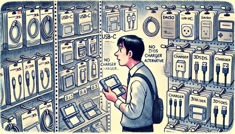 日本人男性が100均の電気小物コーナーで3DS充電器の代用品を探しているが、スマホ用のUSB-CやLightningケーブルばかりが並び、目的の商品が見つからず困惑している様子のイラスト。
