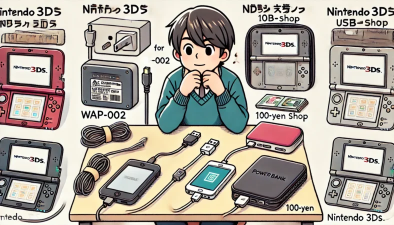 日本人ユーザーが机に向かい、WAP-002互換ACアダプターとUSB給電ルート(モバイルバッテリー+ケーブル)を比較しながら、3DSの充電手段を検討しているイラスト。100均グッズも周辺に置かれ、最適な充電環境を計画している様子が伝わる。