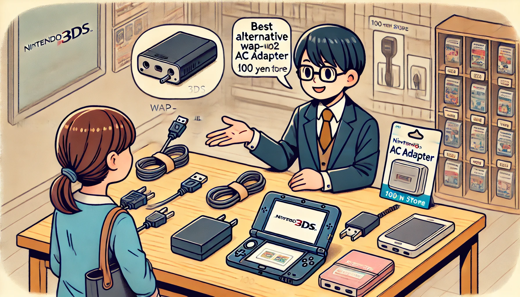 テクニカルサポート風の日本人スタッフが、3DS本体とWAP-002互換アダプター、USBケーブル、100均アイテムを並べて代用充電方法を説明しているシーンのイラスト。