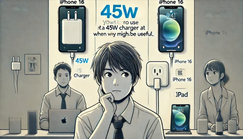 日本人ユーザーが45W充電器を見て迷っている様子と、iPhone16に30W充電器を使用している様子を対比したイラスト。背景にはiPadや複数のデバイスがあり、45Wが必要なケースも示唆されている。
