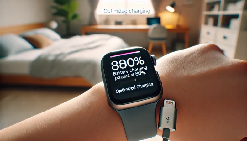 Apple Watchが80%で充電を一時停止している様子を示すクローズアップ。最適化充電の状態がわかるように、整った室内で落ち着いた雰囲気の中に置かれている。
