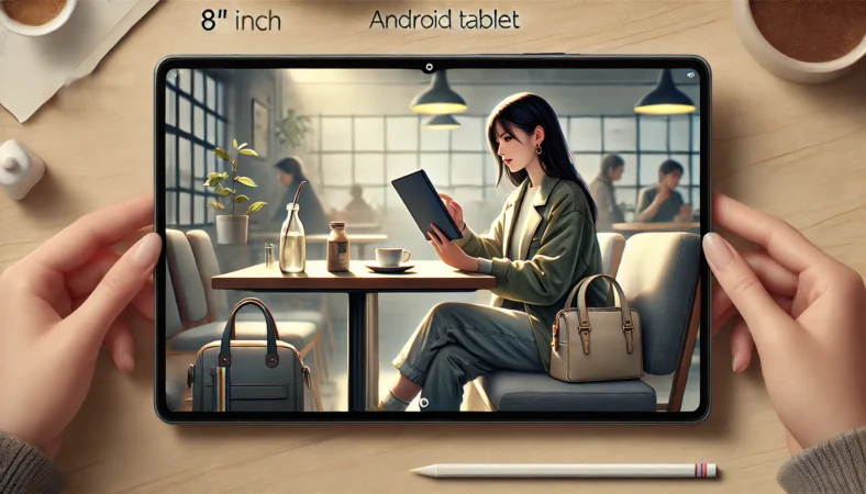 カフェで8インチのAndroidタブレットを片手に操作しながらコーヒーを楽しむ日本人女性のイラスト。コンパクトなサイズで持ち歩きやすさが伝わる構成。