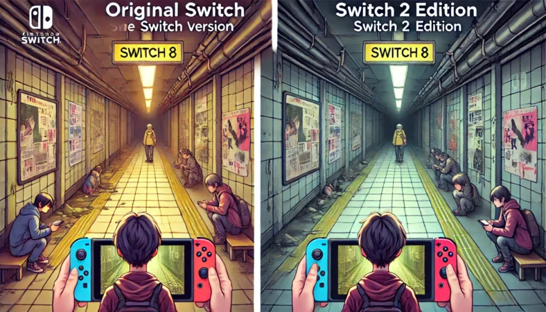 旧SwitchとSwitch 2 Editionで同じゲームを遊ぶ日本人プレイヤーを対比したイラスト。Switch 2では地下通路内のポスターや床模様がはっきり見え、視認性と画質の差が明確に描かれている。