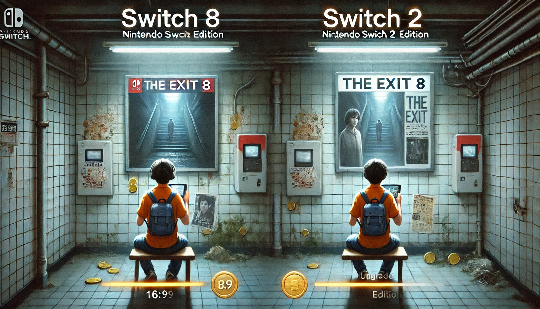 日本人プレイヤーが、Nintendo SwitchとSwitch 2 Editionで『8番出口』を比較プレイしているイラスト。左は暗くポスターがぼやけた旧Switch、右は照明が明るくポスターが鮮明なSwitch 2 Edition。間にはコインと矢印が流れ、アップグレードの流れと価値の差を視覚的に表現している。背景は日本の家庭らしい室内。