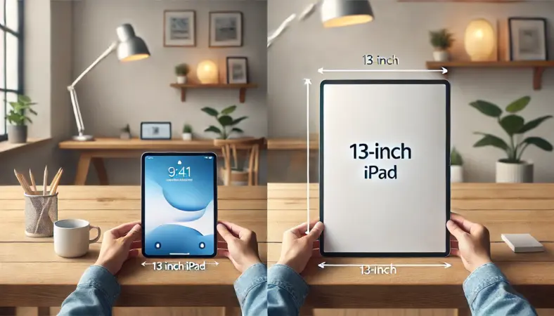 木製デスクの上に並べられたA4用紙と13インチiPadのサイズ比較イラスト。日本人の手がA4用紙を持っており、iPadがA4よりやや幅広く、少し短いことが視覚的にわかる構図。