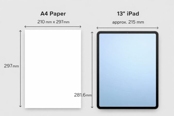A4用紙（210×297mm）と13インチiPad（約281×215mm）のサイズ比較