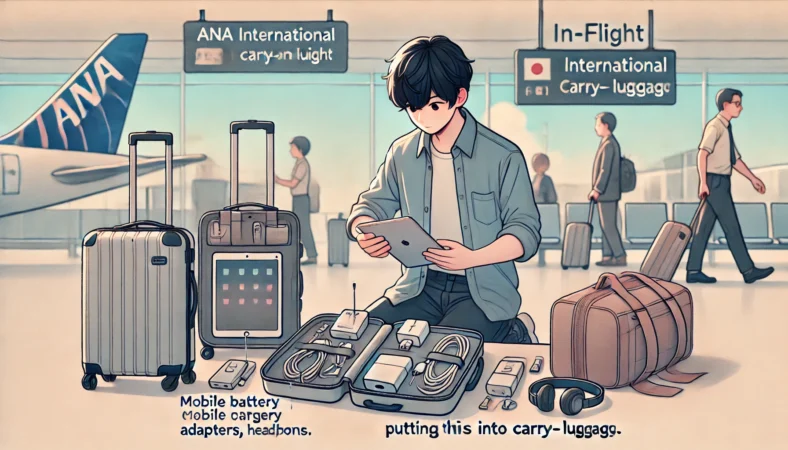 ANAの国際線フライト前に、iPad周辺機器(モバイルバッテリー、充電ケーブル、変換アダプタ、イヤホンなど)を機内持ち込み用バッグに丁寧に整理している日本人旅行者のイラスト。預け荷物には入れず、安全に配慮した準備の様子が描かれている。