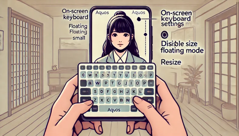 AQUOSスマートフォンで浮いて小さくなったキーボードを設定メニューから調整しようとしている日本人女性のイラスト。ドラッグ可能なハンドルがついたキーボードが画面に表示されている。