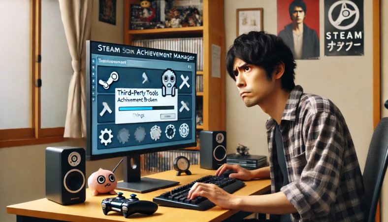 サードパーティ製の実績管理ツールを使って不具合に困っている日本人男性。実績の整合性が崩れて混乱している様子。