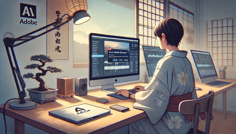 木製デスクの上でMacBookとAdobeソフトを使い、MOV動画をMP4に変換している日本人。外付けSSDが接続され、静かで整理された和モダンな室内で作業に集中している様子のイラスト。