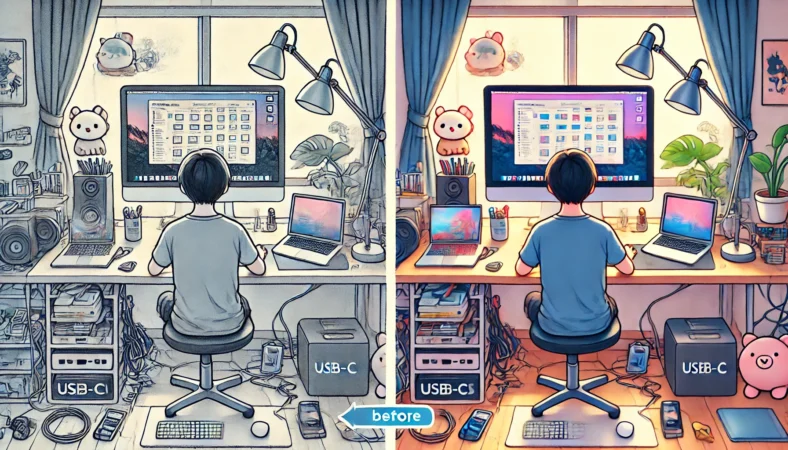 MacBook Airの作業環境を拡張する前と後を比較したイラスト。外部モニターやハブ、マウスなどを導入し、快適な作業環境に変化した様子が描かれている