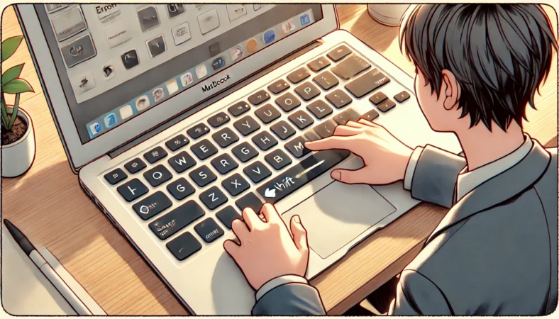 MacBook Airの右下のキーボード配置に困惑している日本人ユーザー。矢印キーやEnterキーに囲まれて分かりにくい右Shiftキーの位置が強調されている。