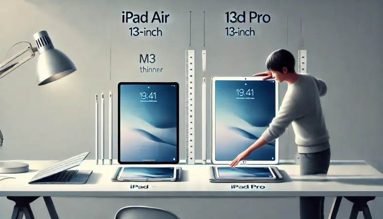 デスク上に並べられたiPad Air 13インチ（M3）とiPad Pro 13インチ（M5）のサイズ・厚み比較イラスト。日本人が片方をスリーブへ収納しようとしており、重量や薄さの違いを意識している様子が描かれている。