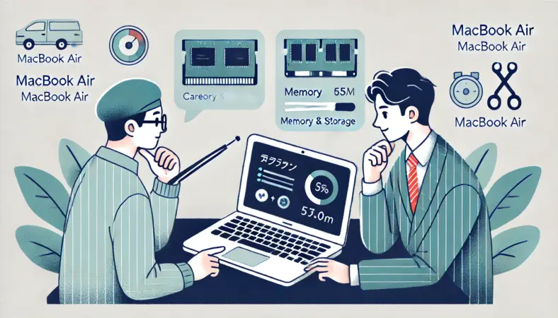 修理店で日本人の技術者がMacBook Airの診断画面を指しながら、顧客にメモリやストレージ状況を説明しているイラスト。的確な診断と丁寧なコミュニケーションの様子が描かれている。