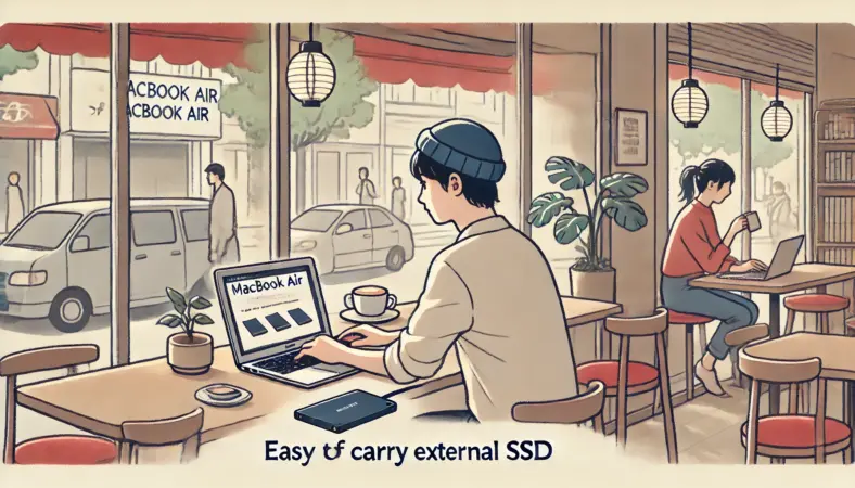 カフェでMacBook Airに外付けSSDを接続し、快適に作業している日本人のイラスト。小型SSDとスッキリしたテーブルが、持ち運びやすさと実用性を強調している。