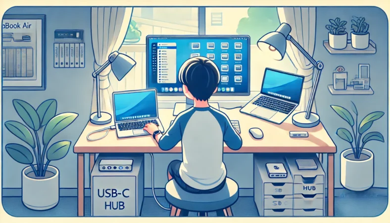 MacBook Airを外部モニターやUSB-Cハブ、外付けSSDと組み合わせて家庭内で快適に使用する日本人ユーザーの様子を描いたイラスト