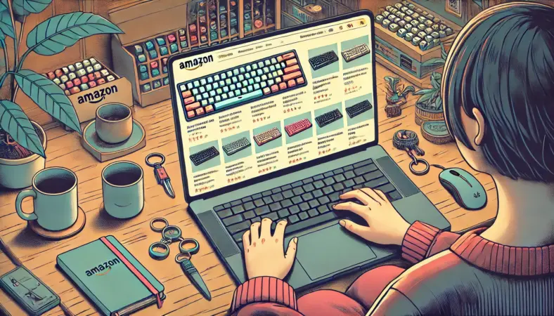 日本人女性が自宅のテーブルでAmazonを使ってキーボード型キーホルダーを比較している様子。画面にはLED付きやメカニカルタイプなど多様な商品サムネイルが並び、レビューや仕様を見ながら選んでいる雰囲気のイラスト。