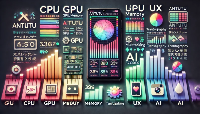 日本のスマートフォンを中心に、AnTuTuベンチマークの内訳（CPU、GPU、メモリ、UX、AI）を横棒グラフで可視化し、ゲーム・マルチタスク・写真・AI翻訳などの体感機能と紐づけて解説する比較イメージ。