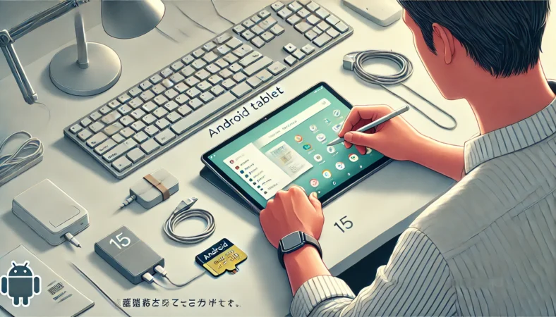 日本人女性がタブレットでAndroid 15の新機能を使っており、大画面でのマルチタスク、プライバシー保護、AIアシスタントが視覚的にわかりやすく表現されているイラスト