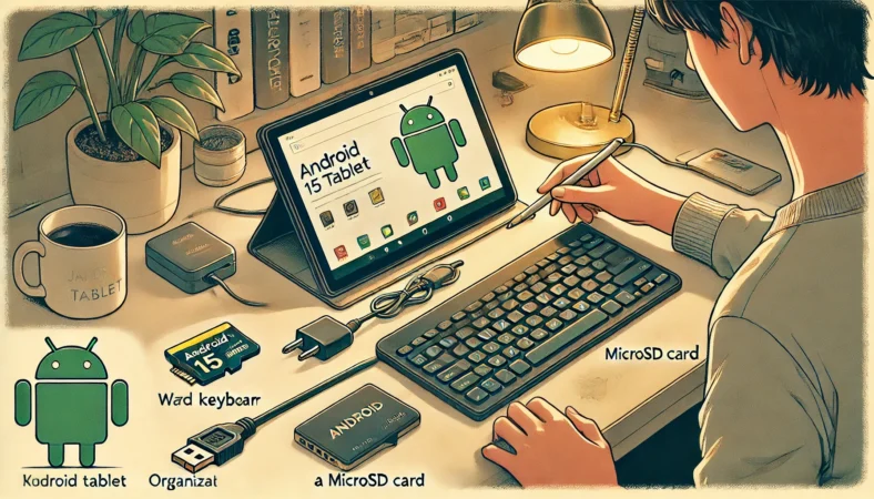 日本人ユーザーが自宅のデスクでAndroid 15タブレットを設定中で、PD充電器を接続しながら、キーボードとmicroSDカードも手元に揃えて使いやすい環境を整えている様子のイラスト