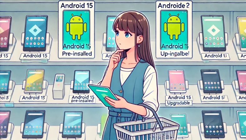 日本人女性が家電量販店で2つのAndroidタブレットを比較しており、一方はAndroid 15を初期搭載、もう一方はアップデート対応予定のモデルとして展示されている様子のイラスト