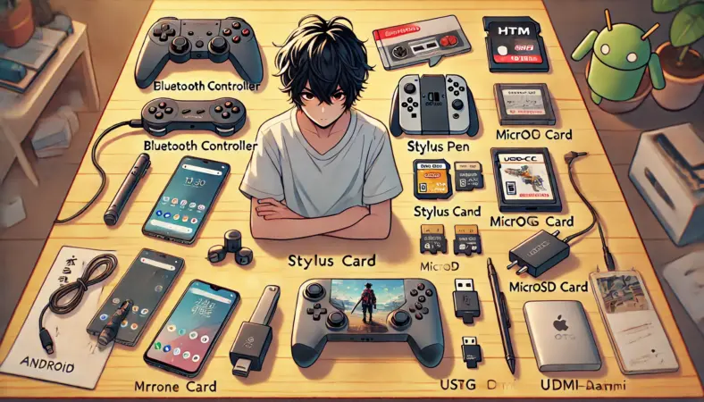 AndroidでDSエミュレータを快適に楽しむための周辺機器が整然とデスク上に並んでいる様子。Bluetoothコントローラー、スタイラスペン、スマホクーラー、スタンド、microSDカード、OTGカードリーダー、USB-C→HDMIアダプターが描かれ、日本人のユーザーが背景でゲーム準備をしている。清潔感のある室内環境で、快適な構成を視覚的に伝えている。