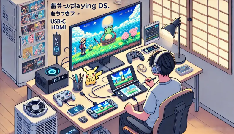 AndroidスマートフォンをUSB-C経由でHDMI接続し、モニターにDSの上画面を表示しながら、スマホでは下画面をタッチ操作している日本人ユーザーの様子。スタイラスとBluetoothコントローラーを使い、デスク上にはスマホスタンドやクーラーなどの周辺機器も整っている。長時間プレイに最適化された、明るく快適な室内プレイ環境が描かれている。