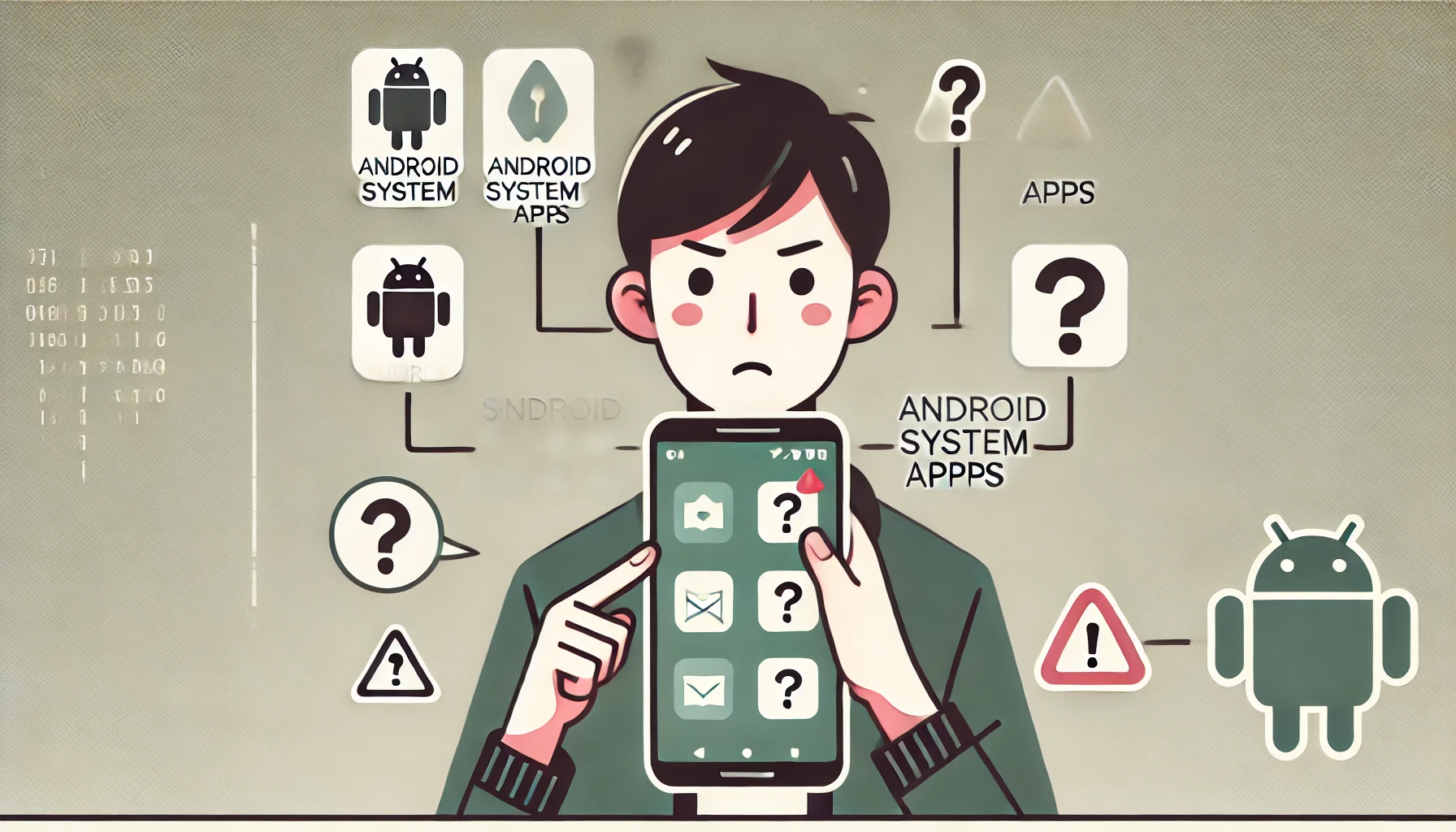 Androidスマートフォンを持ち、システムアプリか怪しいアプリかを見分けようと困惑する日本人の人物のイラスト。背景には警告アイコンや疑問符が浮かび、混乱した状況を視覚的に表現している。