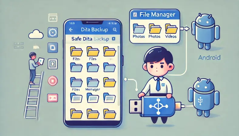 日本人のユーザーがAndroidスマートフォンにUSB-Cメモリを接続し、写真や動画などのファイルを安全にコピーしている様子のイラスト。スマホ画面にはファイルマネージャーでフォルダの選択とコピー操作が表示されており、バックアップの重要性を伝えている。