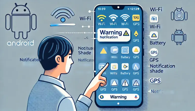 Androidスマートフォンのシステム情報や設定項目を整理しようとする日本人ユーザーのイラスト。背景にはバッテリーやストレージ、システムアプリのアイコンが浮かび、Androidシステムの複雑さを示している。