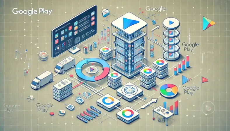 自宅の机でスマホとパソコンを使い、Google Playのランキング更新時間のばらつきを確認している日本人男性。時間や日付によってセルランの動きが異なることに疑問を持っている様子のイラスト。