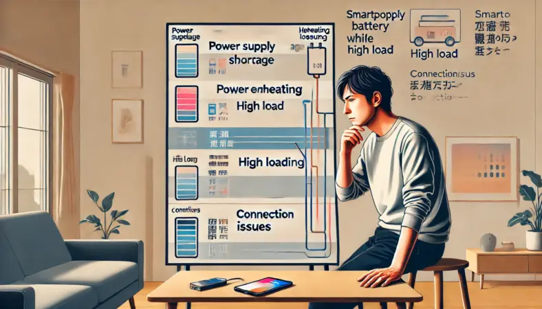 日本人男性が自宅でスマートフォンのバッテリーが充電中に減る原因を、大きなボードを使って「電力不足」「高温」「高負荷」「接触不良」に分けて視覚的に分析しているイラスト。