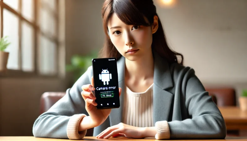 カメラアプリの不具合が発生したAndroidスマートフォンを手に、真剣な表情で原因を確認し始める日本人女性。現代的な室内で、トラブルシュートを開始する場面。
