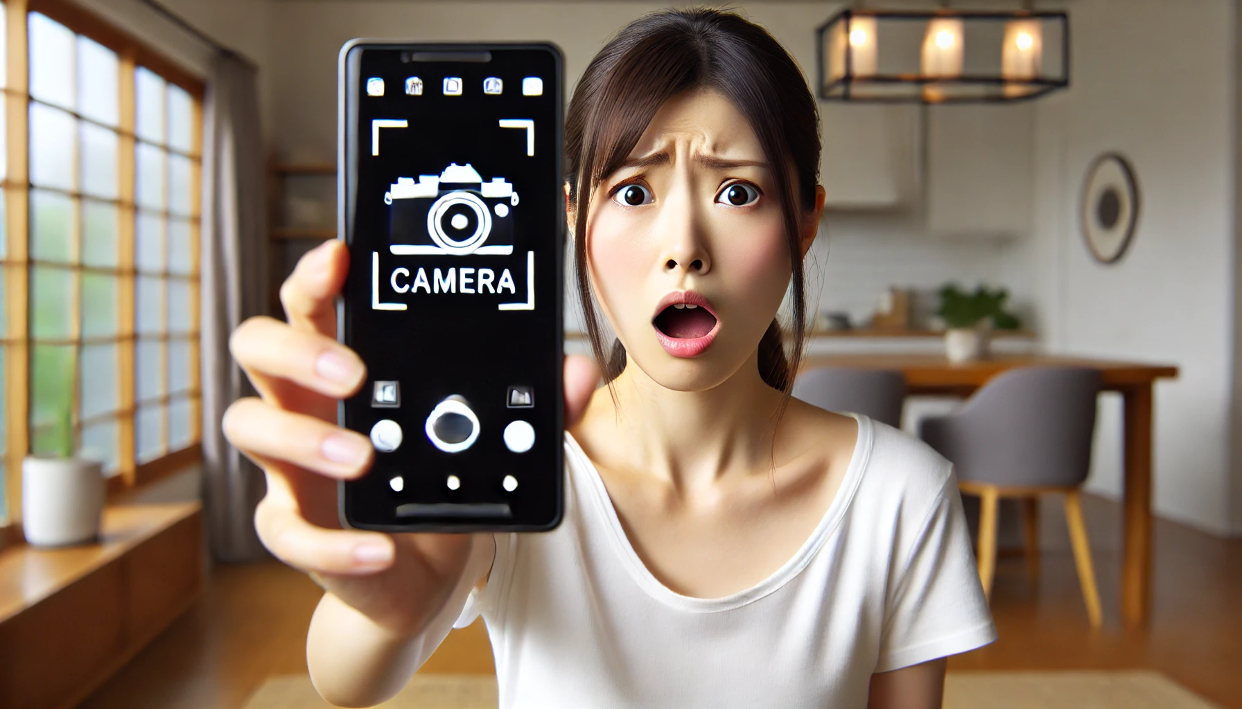 Androidスマートフォンでカメラが起動しない状態に困惑する日本人女性の様子。画面は真っ黒で、リビングで急ぎの場面を連想させるシチュエーション。