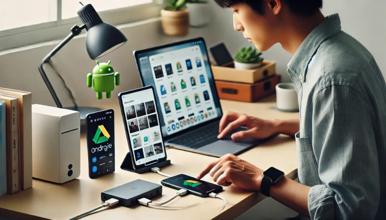 日本人ユーザーがAndroidスマホとiPadをクリーンな自宅デスクで連携し、USB-Cハブと外付けSSDを使いながらGoogleサービスを同期している様子。ミニマルで効率的な作業環境が整っている。