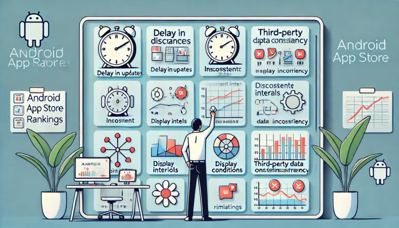 日本人の人物がホワイトボードを使い、Androidセルランのズレや違和感の原因を5つに分類して整理している様子。時計、地球、デバイス、チャートなどのシンプルなアイコンで視覚的に原因を説明し、論理的に分析しているシーンを描いたイラスト。