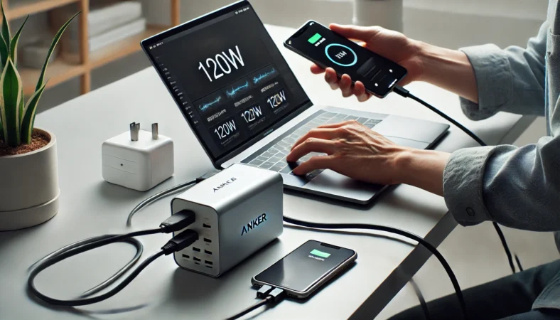 日本人がAnker 737 Charger（120W）を使ってハイパフォーマンスなノートPCとスマートフォンを同時に充電している様子。デスク上は整理され、高出力なマルチデバイス充電環境を表現。