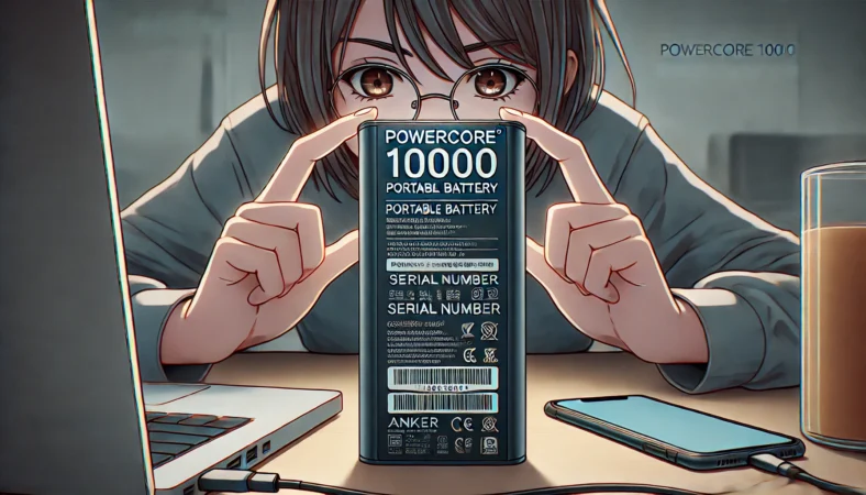 PowerCore 10000の背面ラベルを確認する日本人が、型番とシリアルを慎重にチェックしているイラスト
