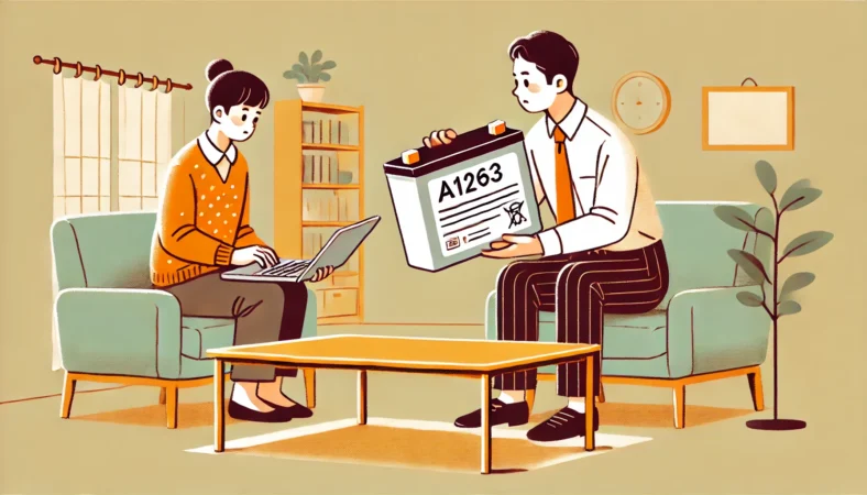 自宅でAnkerのモバイルバッテリーA1263を手にした日本人が、型番とシリアルを確認しながら公式サイトと照合している様子を描いたイラスト。安全確認の重要性を視覚的に伝える。