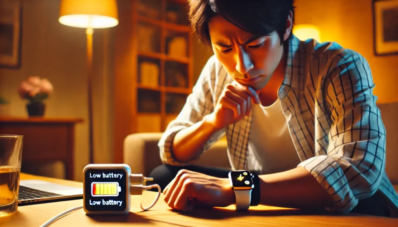 日本人男性が夕方のリビングでApple Watchのバッテリー警告を見つめて困っている様子。充電器はそばにあるが未使用で、1日持たない不便さを表現。