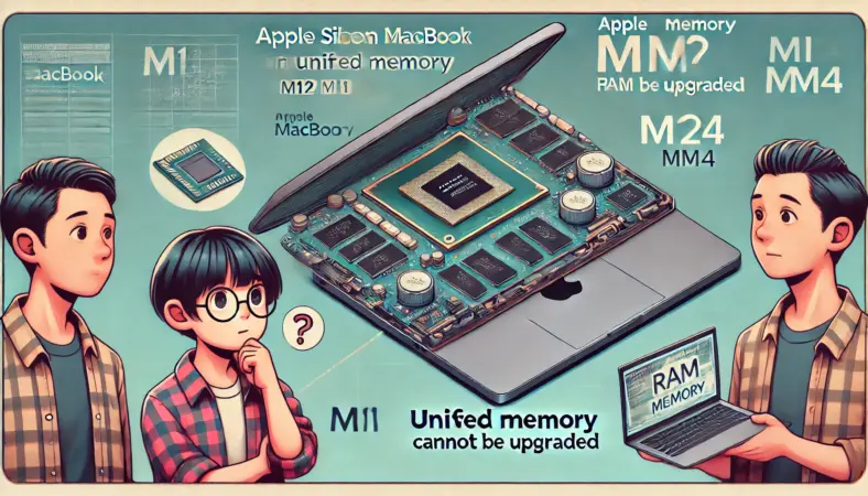 AppleシリコンMacBook（M1/M2/M3/M4）を見つめる日本人と、その内部構造に組み込まれたユニファイドメモリが描かれたイラスト。RAMの後付けができないことを示す視覚的表現がある。