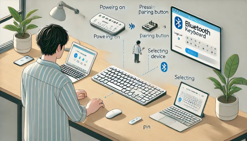 LogicoolのキーボードをBluetoothでペアリングする手順を順番に実行している日本人ユーザー。LED点滅中のキーボード、Bluetooth設定画面を表示したノートPC、PIN入力の様子などが描かれた、家庭内のシンプルな作業デスク。