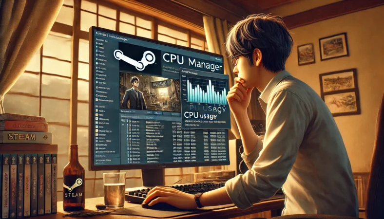 日本人男性がSteamライブラリを開きながら、タスクマネージャーでCPU使用率の上昇を確認している様子。Steam内の複数タブとアニメーションによりCPU負荷が高まっている状況。