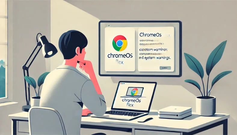 MacBookでChromeOS Flexのインストール情報を調べている日本人ユーザー。互換性や警告メッセージを確認しながら慎重に検討しており、バックアップ用ドライブもデスクに置かれている落ち着いた作業環境が描かれている。